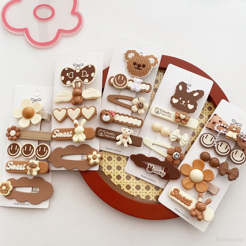 Set 5 Kẹp Tóc Hình Gấu Hoạt Hình Màu Trà Sữa Phong Cách Hàn Quốc Dễ Phối Đồ Cho Bé Gái