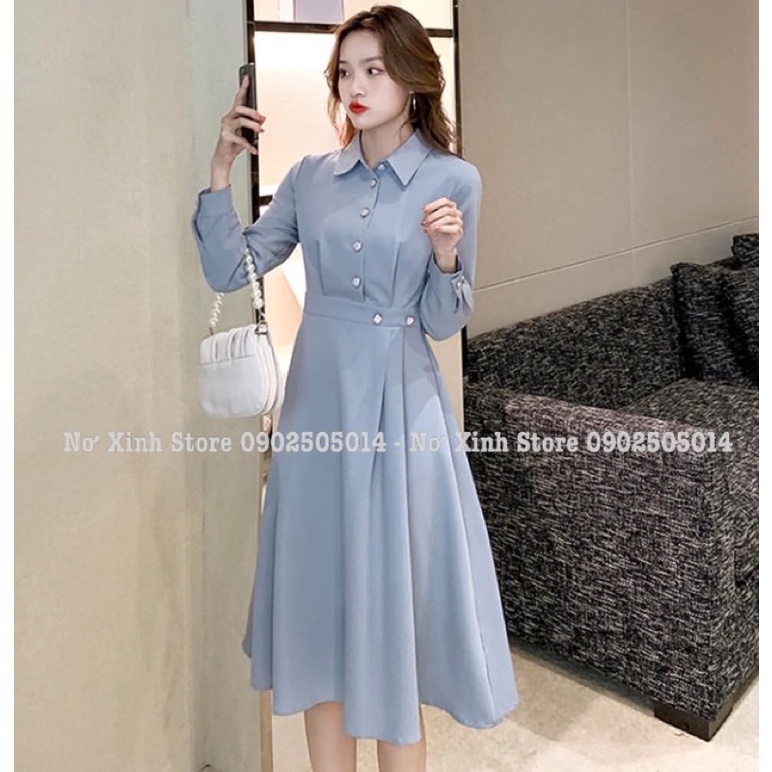 VÁY SƠ MI TAY DÀI CÔNG SỞ XANH VINTAGE, đầm nữ mặc đi làm dự tiệc 2 lớp cao cấp Nơ Xinh Store