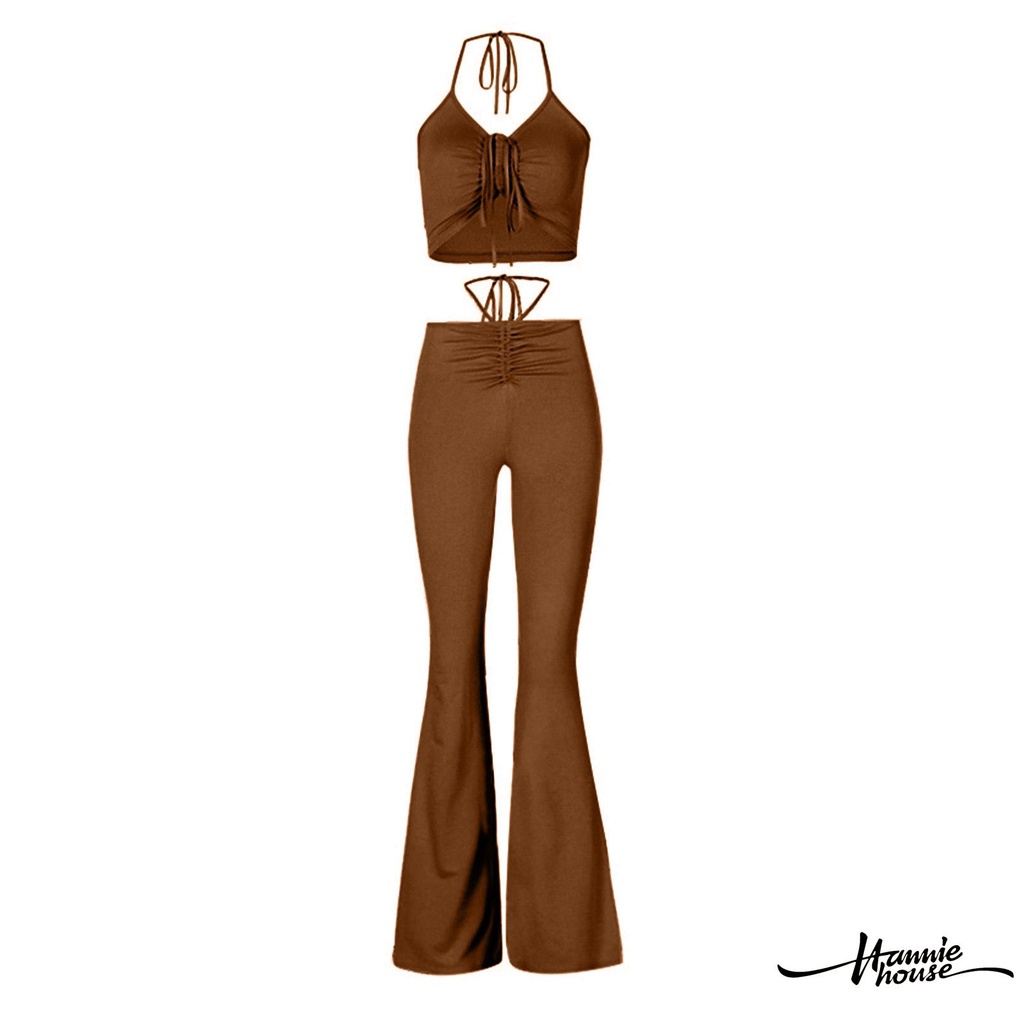 Set Áo Cổ Yếm Và Quần Dài Ống Loe Lưng Cao Thời Trang Dành Cho Nữ