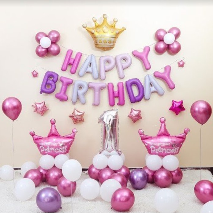 Set bóng bóng sinh nhật BÉ GÁI MÀU HỒNG Phụ kiện trang trí sinh nhật Happy Birthday