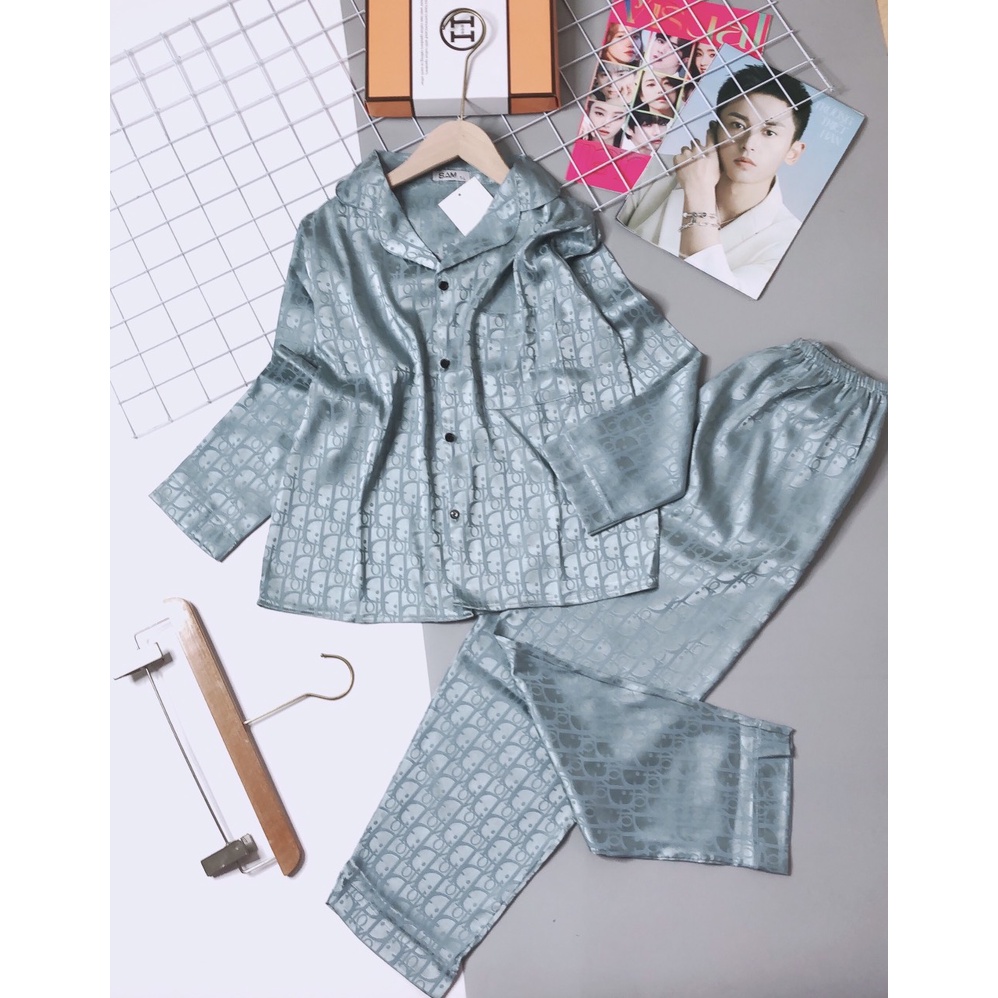 Bộ Đồ Pyjama Mặc Nhà Vải Gấm Cao Cấp Chất Liệu Mềm Mịn Không Nhăn Không Xù, Bộ Đồ Ngủ Thu Đông Dài Tay Vải Gấm Lụa