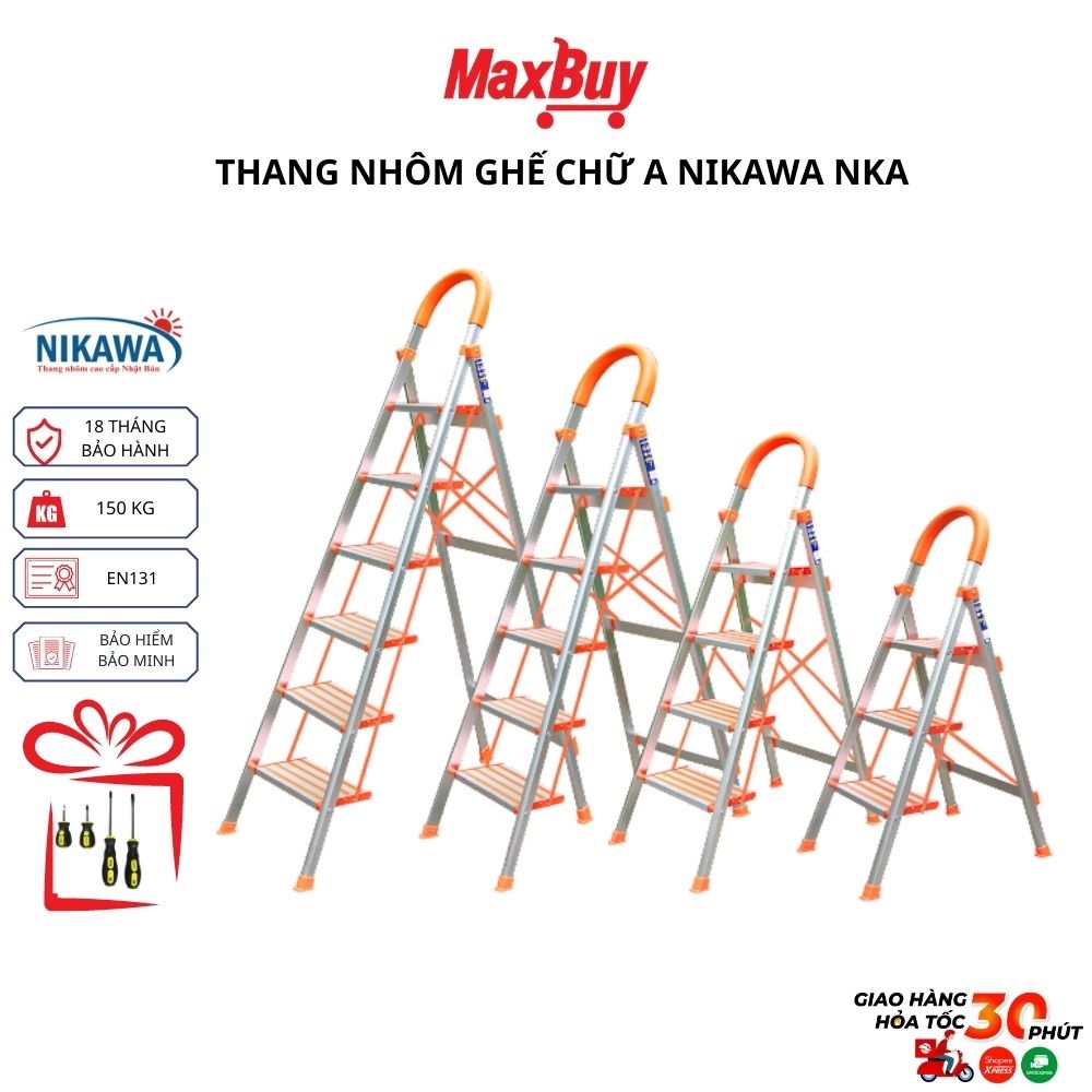 Thang nhôm ghế chữ a tay vịn 3 4 5 6 bậc xếp gọn NIKAWA thương hiệu nhật bảo hành 18 tháng giao hỏa tốc HN NKA MAXBUY