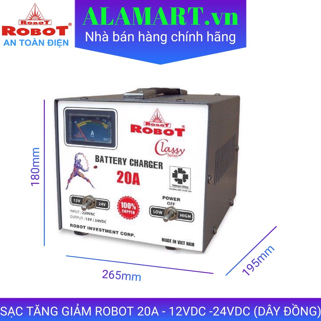 MÁY SẠC ẮC QUY ROBOT TĂNG GIẢM 20A (12V-24V, DÂY ĐỒNG)