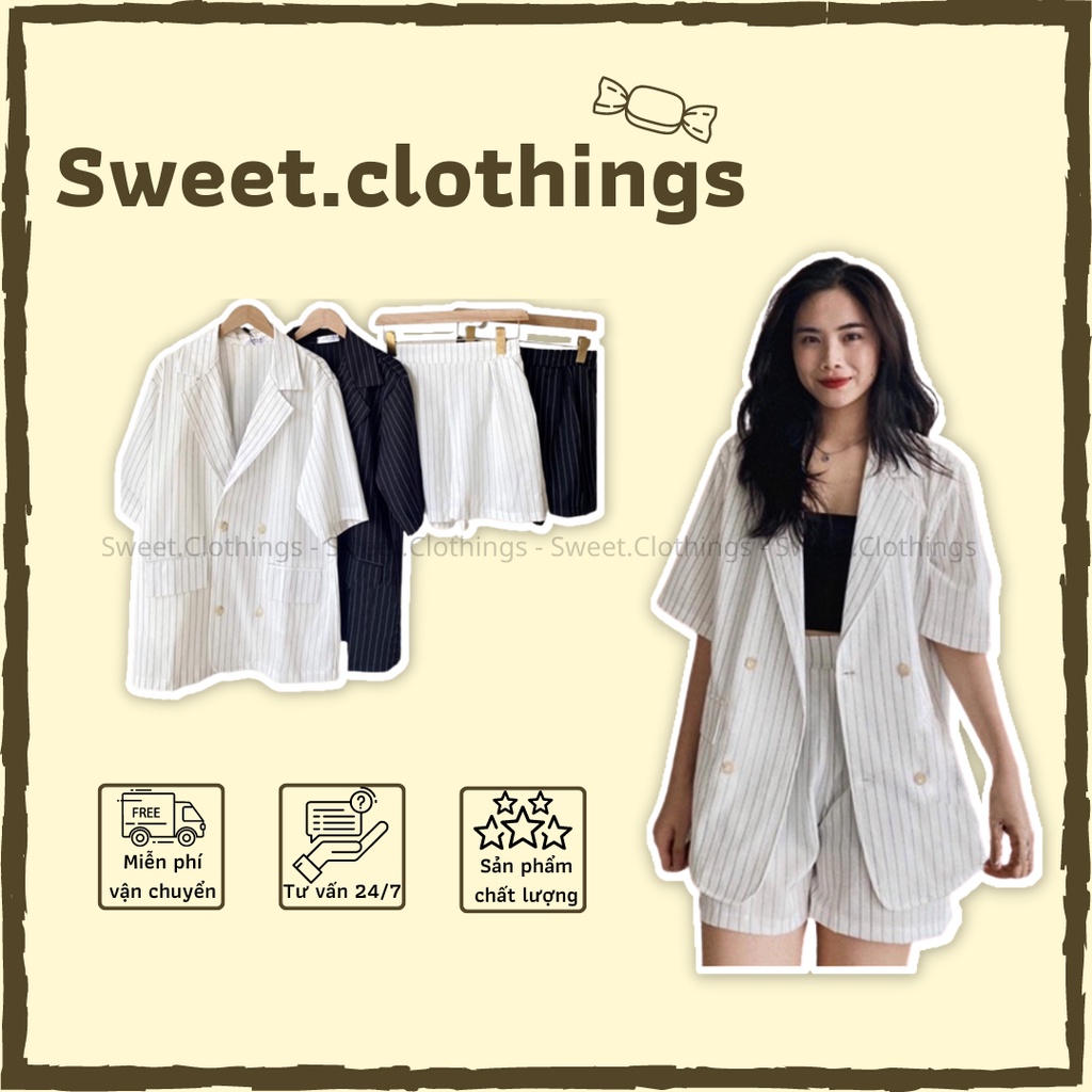 Set Blazer nữ họa tiết kẻ sọc form rộng, Bộ vest nữ quần cạp chun sau 2 màu đen trắng SWEET.CLOTHINGS