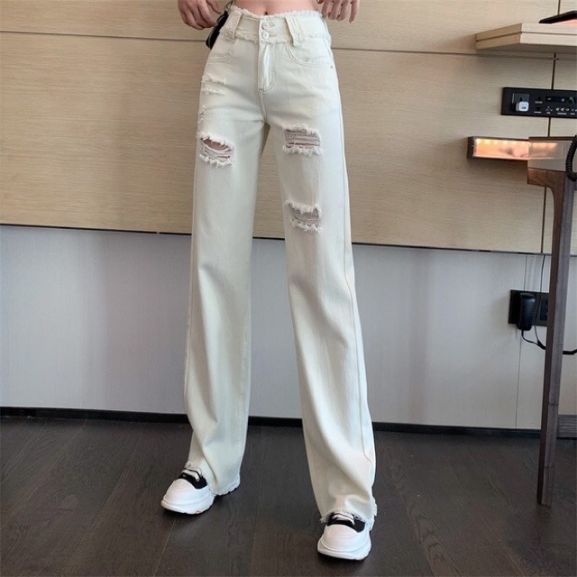 Quần jeans rách ống rộng cho nữ màu trắng kem lưng cao cá tính