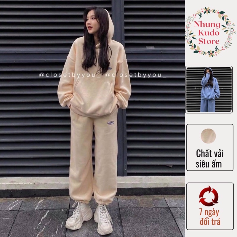 Set bộ thể thao áo hoodie tặng kèm quần thu đông ấm áp xanh be Nhungkudo