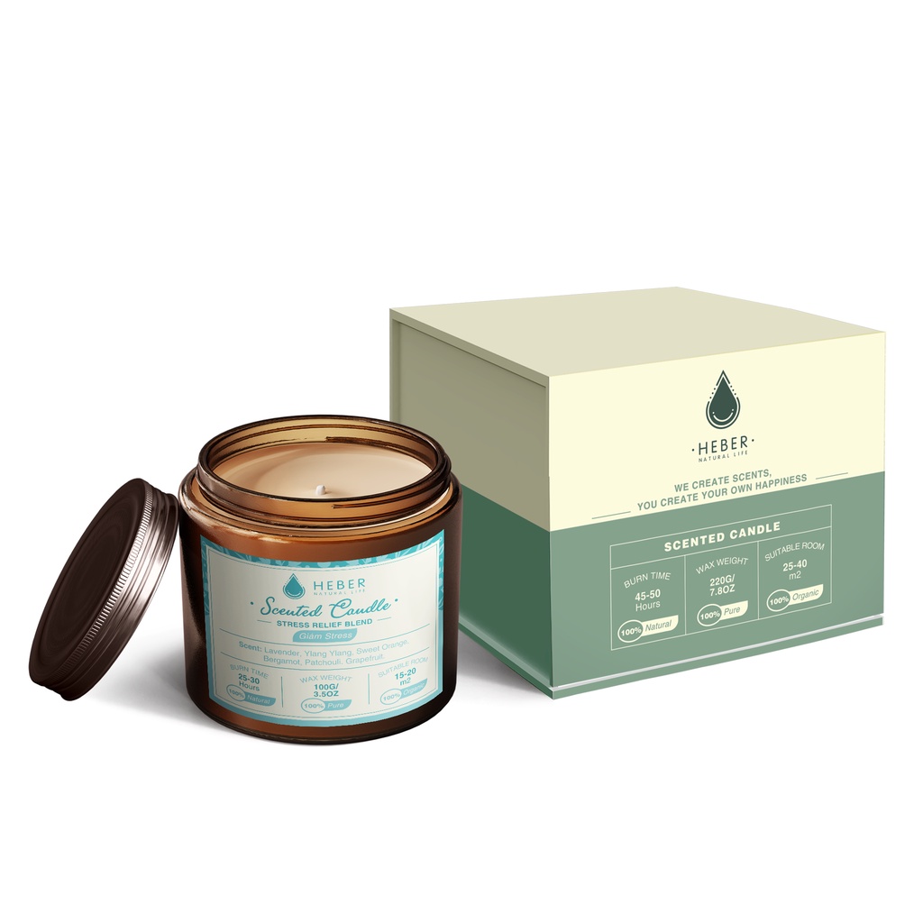 Nến Thơm Giảm Stress - Stress Relief Scented Candle Heber Natural Life Thiên Nhiên Cao Cấp, Đốt Thơm Phòng, 100g & 220g