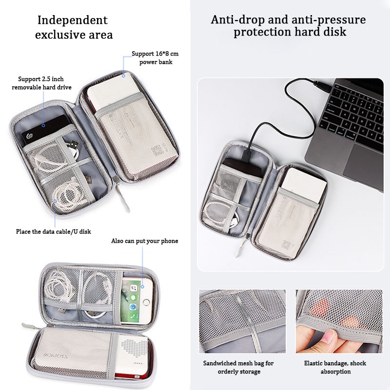 Túi đựng dây cáp/tai nghe kỹ thuật số có khóa kéo di động sắp xếp gọn gàng
