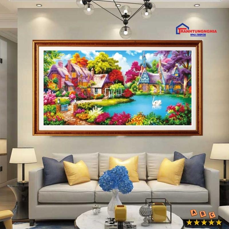 Tranh đính đá phong cảnh ngôi nhà hạnh phúc 1m50 x 75cm