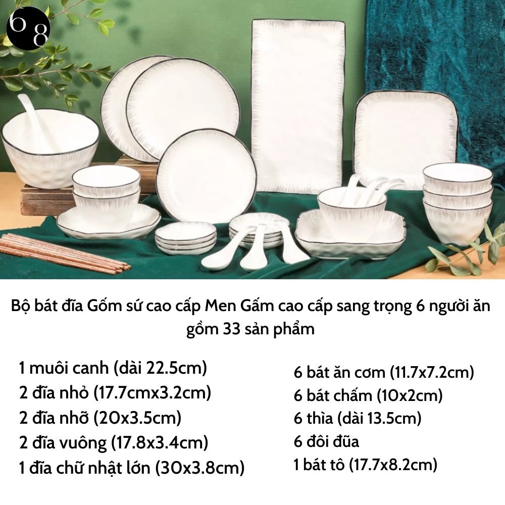 Bát Đĩa Gốm Sứ Cao Cấp Bộ Đồ Ăn Màu Trắng Men Gấm Phong Cách Châu Âu 33 Món 6 Người Ăn