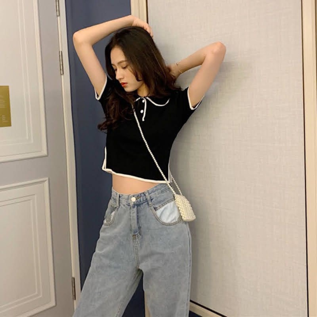 Áo croptop tay ngắn cổ polo phối viền , áo thun nữ cổ bẻ xẻ tà hông