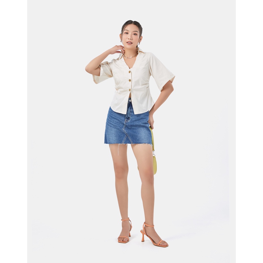 Áo Sơ Mi Nữ Thời Trang JUNO Xếp Ly Cổ, Tay Ngắn JNAKI008