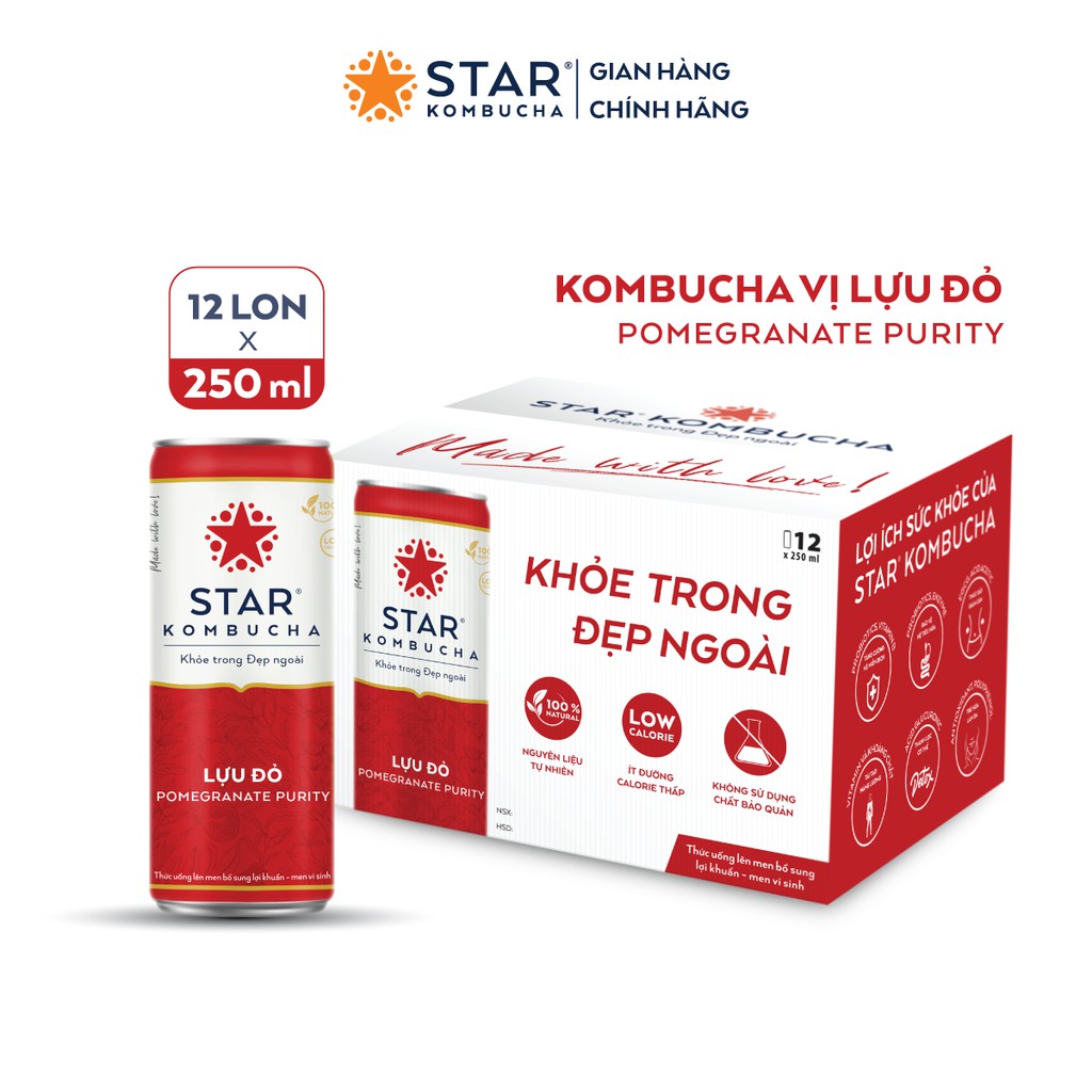 Thùng 12 lon thức uống lên men STAR KOMBUCHA Lựu Đỏ / Pomegranate Purity (250ml/lon)