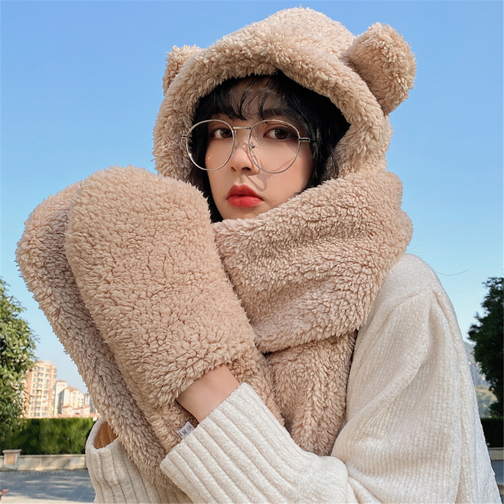 Khăn quàng cổ hình tai gấu đáng yêu may liền mũ/găng tay