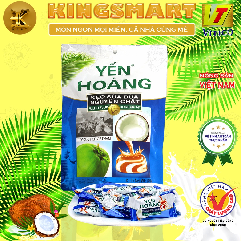 2 Bịch 100G Kẹo Dừa Giòn Vị Sữa Dừa YẾN HOÀNG ăn không dính răng (Sản xuất bởi Cty VĨNH TIẾN)