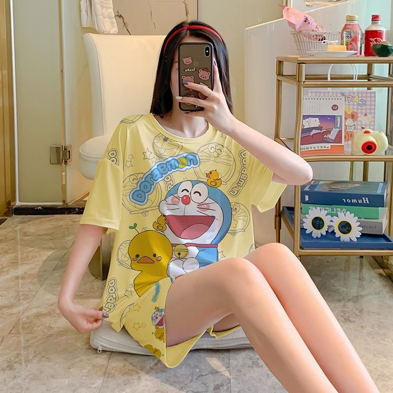 Bộ Đồ Ngủ 3 Món Tay Ngắn In Hình doraemon Dễ Thương Dành Cho Bạn Nữ Mặc Ở Nhà