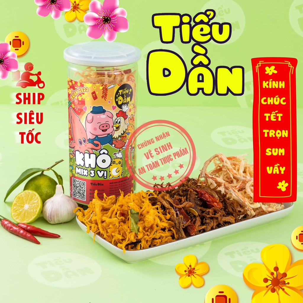 Khô gà mix Khô mực, heo Tiểu Dần, 3 vị trong 1 hộp hũ lớn 280g, đồ ăn vặt vừa ngon vừa rẻ