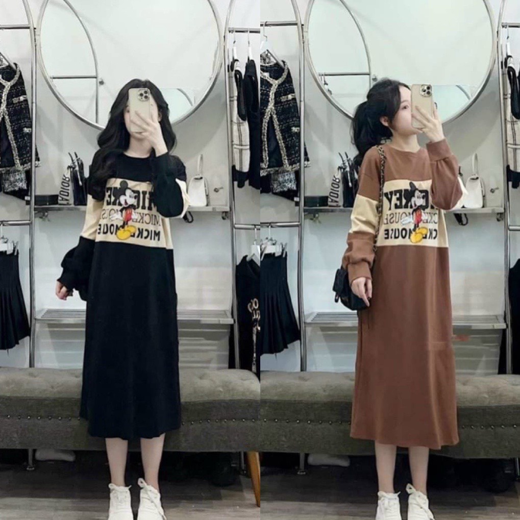 Váy bầu – Đầm bầu dáng suông thu đông dài tay chất nỉ da cá in họa tiết hoạt hình mickey cực cute VD356