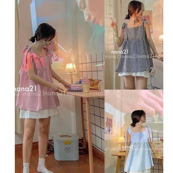 Đồ bộ mặc nhà - Sét Áo kèm quần nữ ulzzang Áo baby doll kẻ caro hai dây buộc nơ kèm quần shorts đùi