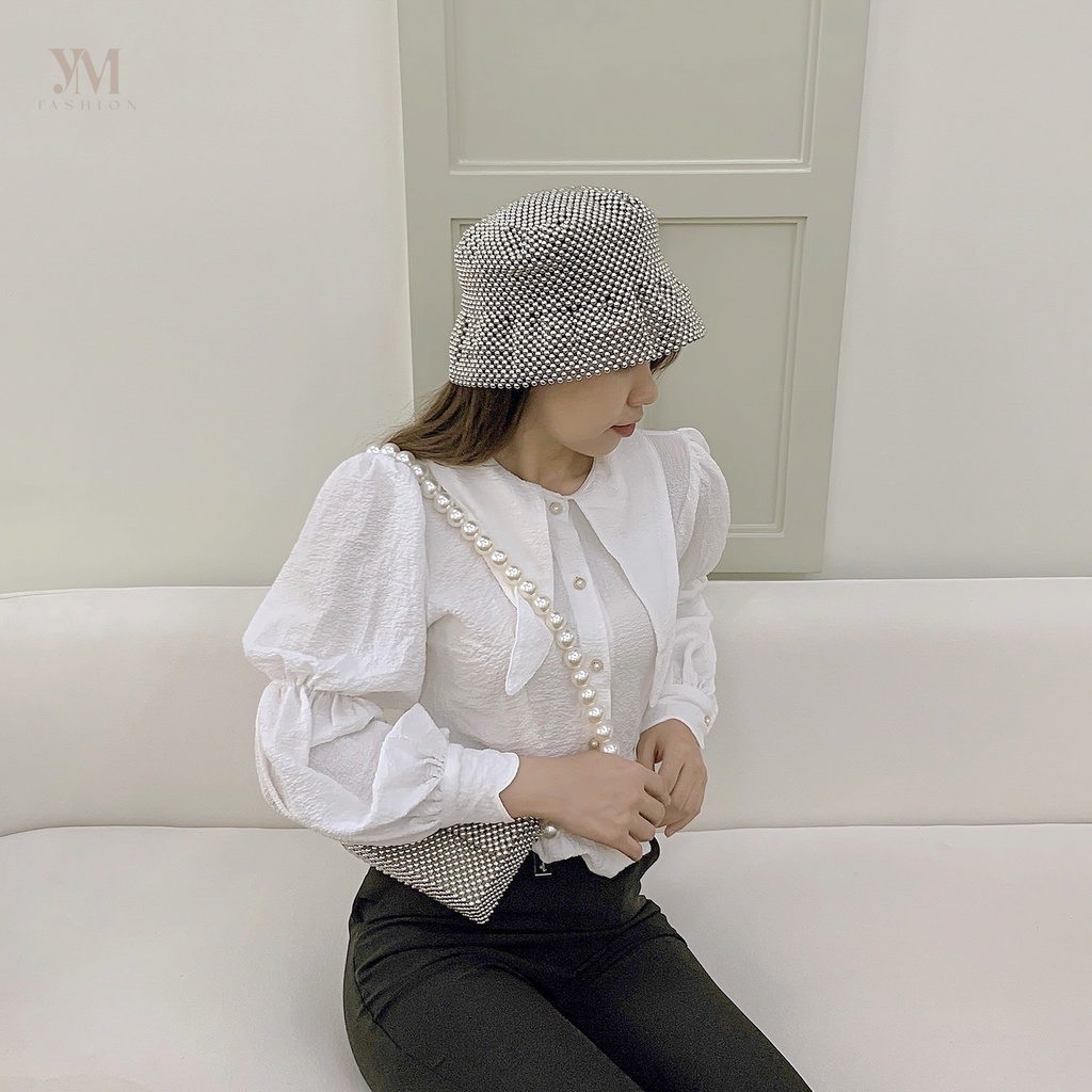 YM Lila Shirt Áo Kiểu Trắng Dài Tay Cổ Cách Điệu
