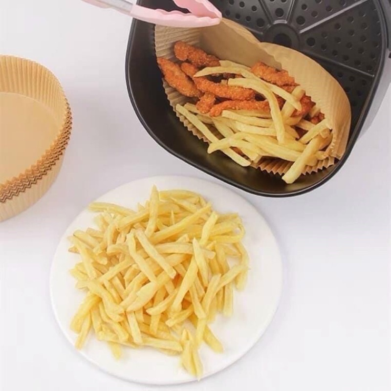 Set 50/100 tờ Giấy nến vàng khay lót nồi chiên không dầu đục lỗ, Giấy nến tròn lót xửng hấp, nồi chiên không dầu