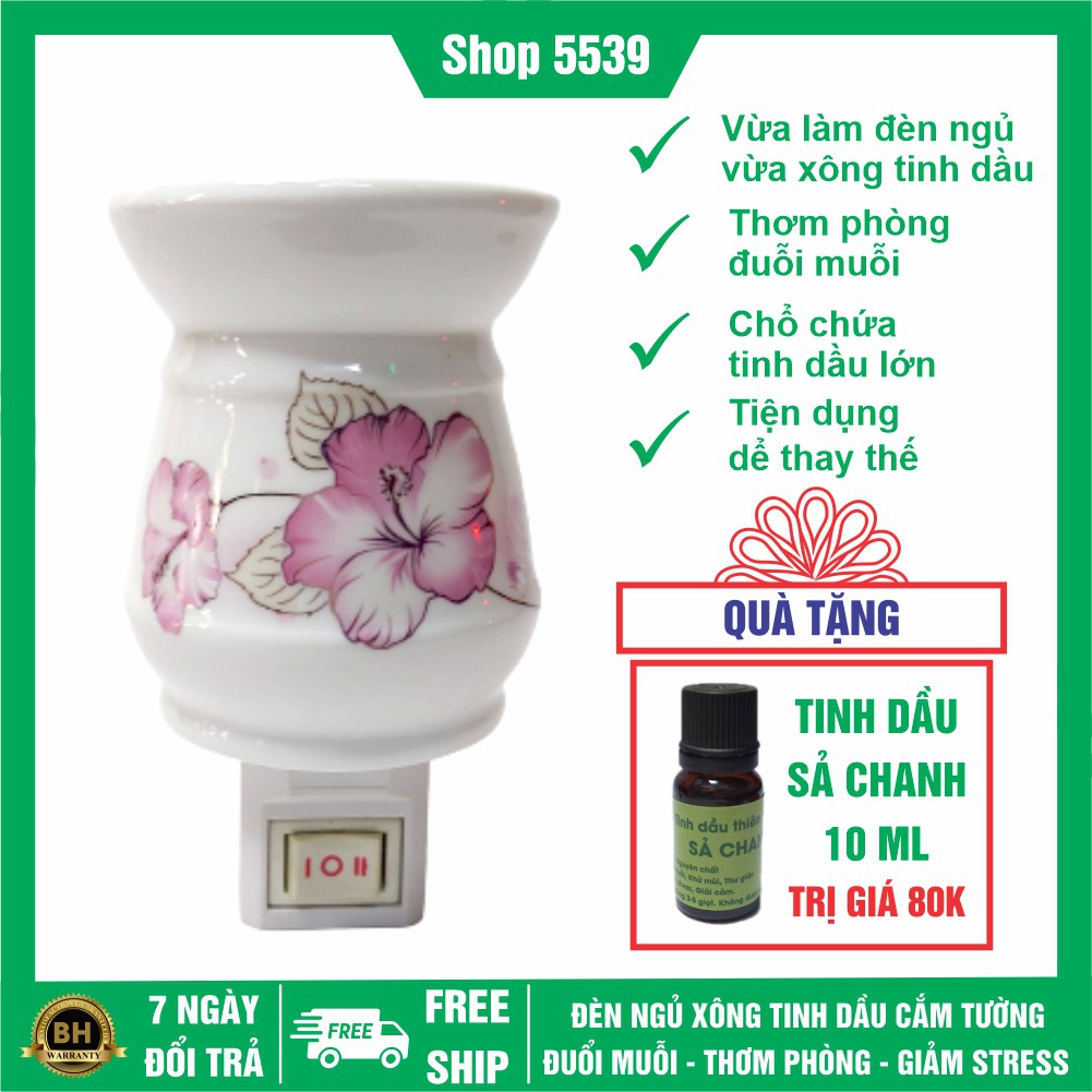 Đèn ngủ xông tinh dầu ⚡️ TẶNG TINH DẦU ⚡️ Đèn ngủ xông tinh dầu mini bằng sứ tặng kèm chai tinh dầu sả chanh 10 ml