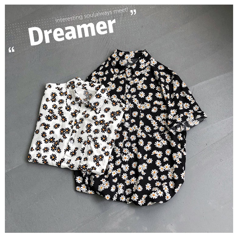 Áo sơ mi hoa cúc form rộng dáng dài Unisex phong cách HQ