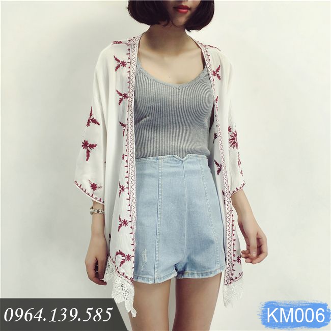 Áo khoác kimono voan ngắn đi biển, viền thổ cẩm mix họa tiết xinh, chất đẹp dày dặn, dáng tiện dùng | KM002 | KM006