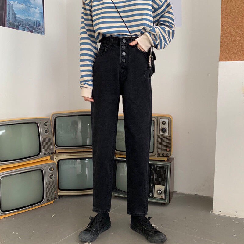 MQ Fashion - Quần baggy Nữ phối hàng nút tinh tế, form ống rộng, wash đen trơn, PC năng động - Hot trend 2021 | BigBuy360 - bigbuy360.vn