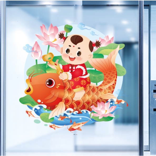 Decal hít tĩnh điện dán tết - Bé gái và bé trai cưỡi cá chép