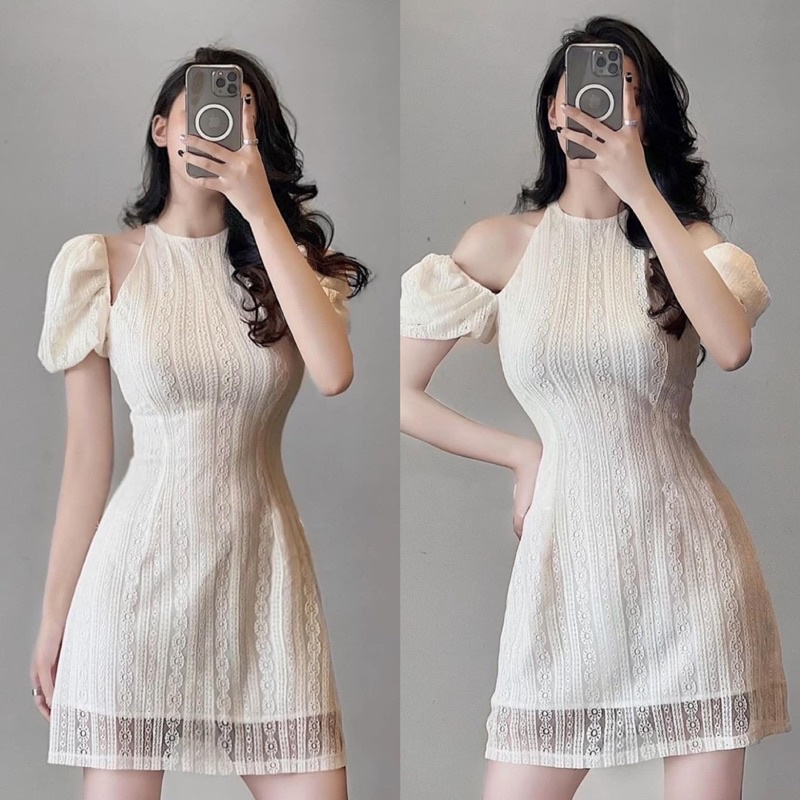 Váy Ren Cổ Yếm Khoét Vai Tiểu Thư
