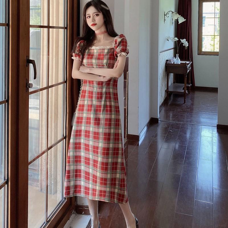 Đầm Nữ Tay Phồng Cổ Vuông Nhấn Eo Phong Cách Retro Pháp Thanh Lịch