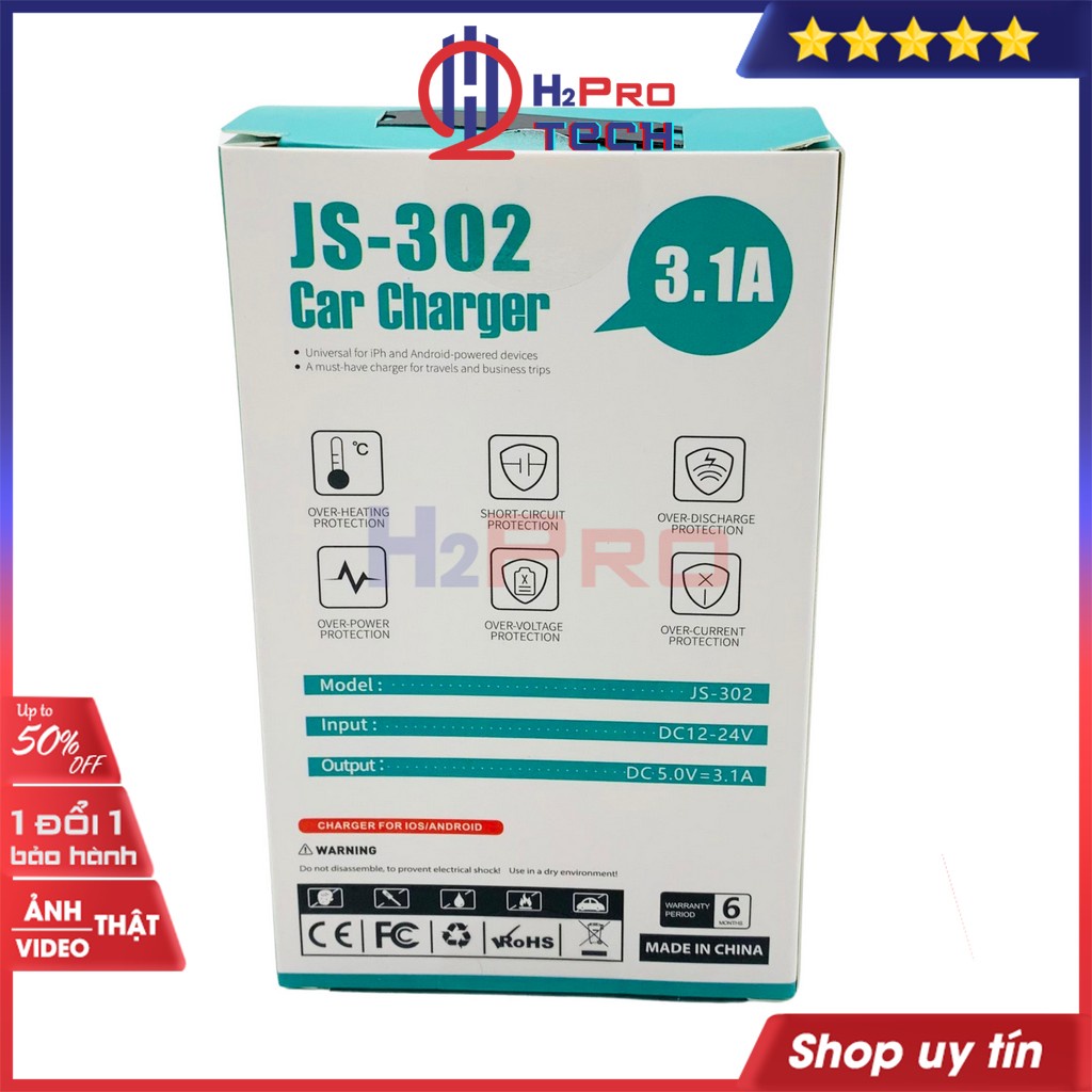 Tẩu Sạc Đa Năng, Tẩu Sạc Xe Hơi JYC JS-302 DC 12V-24V Cao Cấp, 2 Cổng Usb 3.1A, Sạc Nhanh, Màn Hình Led Lcd-H2Pro Tech