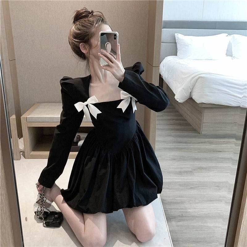 Đầm tay dài cổ thắt nơ phối màu tương phản phong cách Pháp ngọt ngào thời trang thu đông mới cho nữ 2021