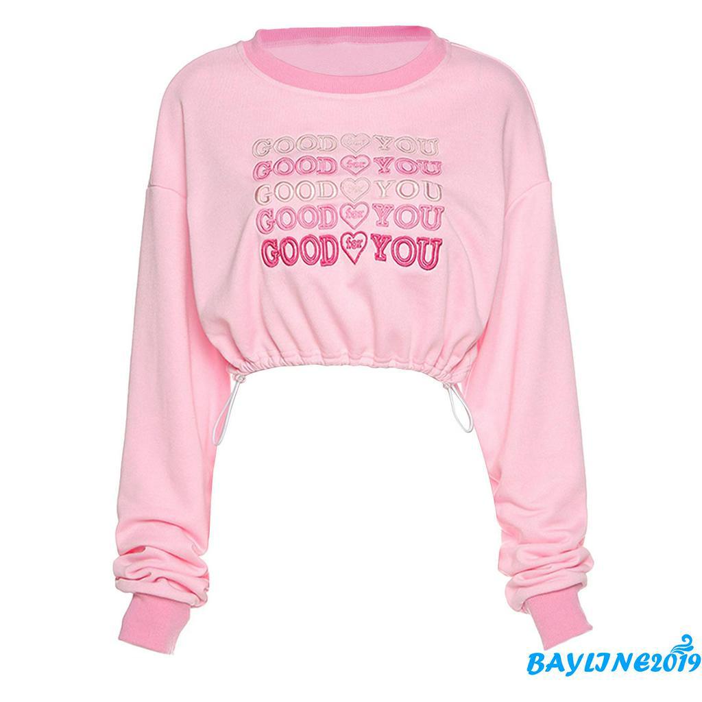 Áo Croptop Dài Tay Thêu Chữ Thời Trang Nữ Trẻ Trung