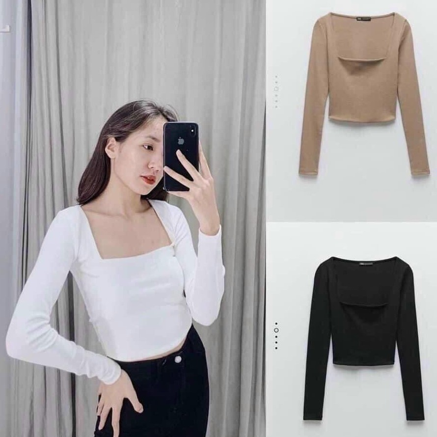 [ Mã WASTAPR giảm 10K đơn 50K] Áo thun nữ cổ vuông dài tay vải tăm co giãn dáng croptop