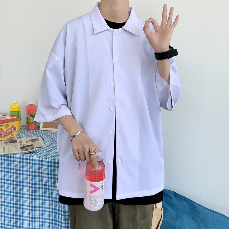Áo sơ mi nam tay ngắn dáng rộng màu trơn phong cách Hàn Quốc thời trang mùa hè năng động