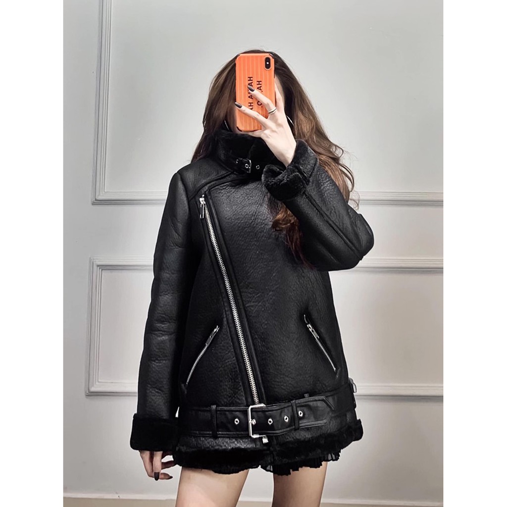 (2 MÀU) ÁO KHOÁC DA BIKER JACKET ZRA NỮ LÓT LÔNG ĐEN TRẮNG - 2969/241 NoBrandLeather