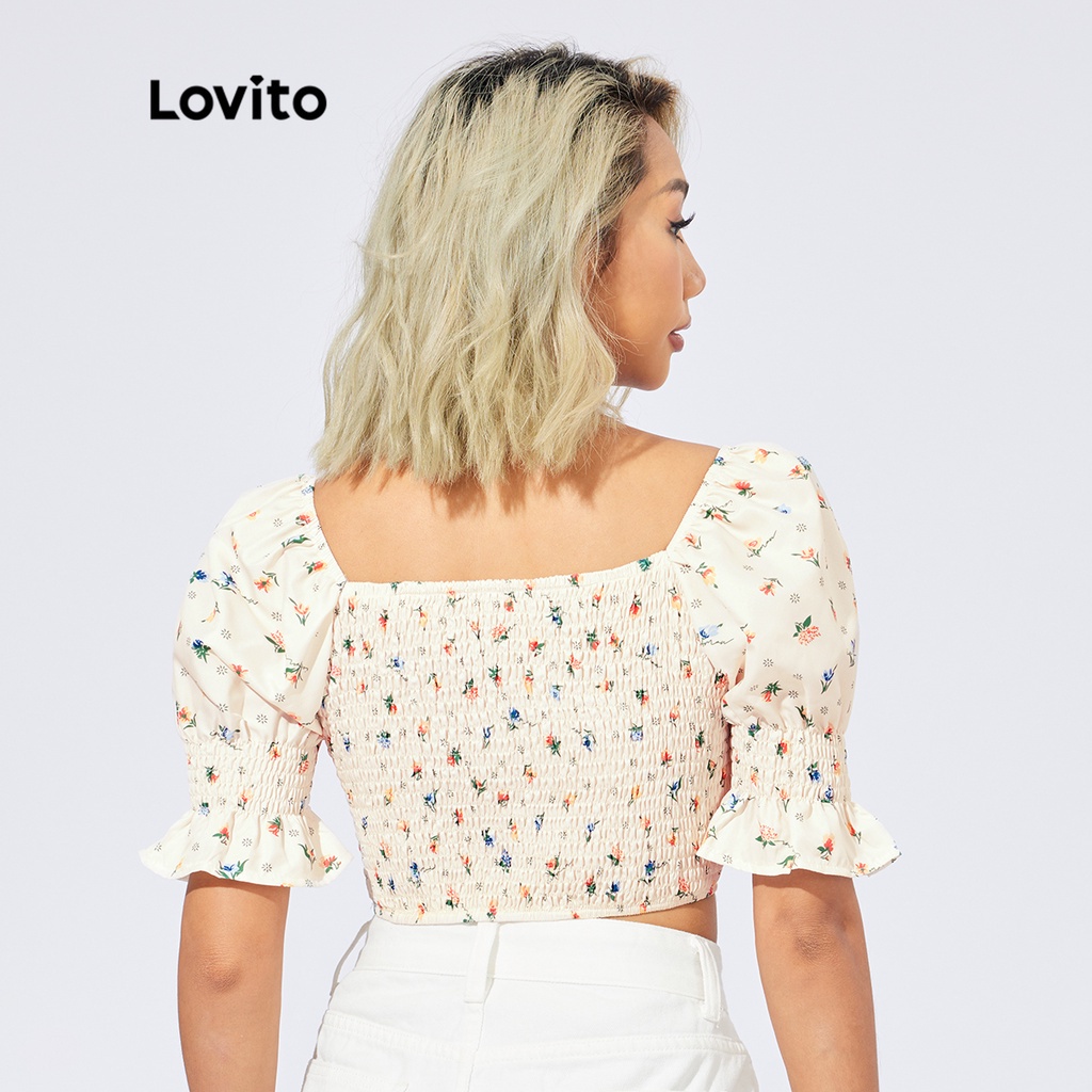Lovito ThườNg Ditsy Floral Cổ Vuông Có Ren Lên Áo L22AD047 (HồNg NhạT)