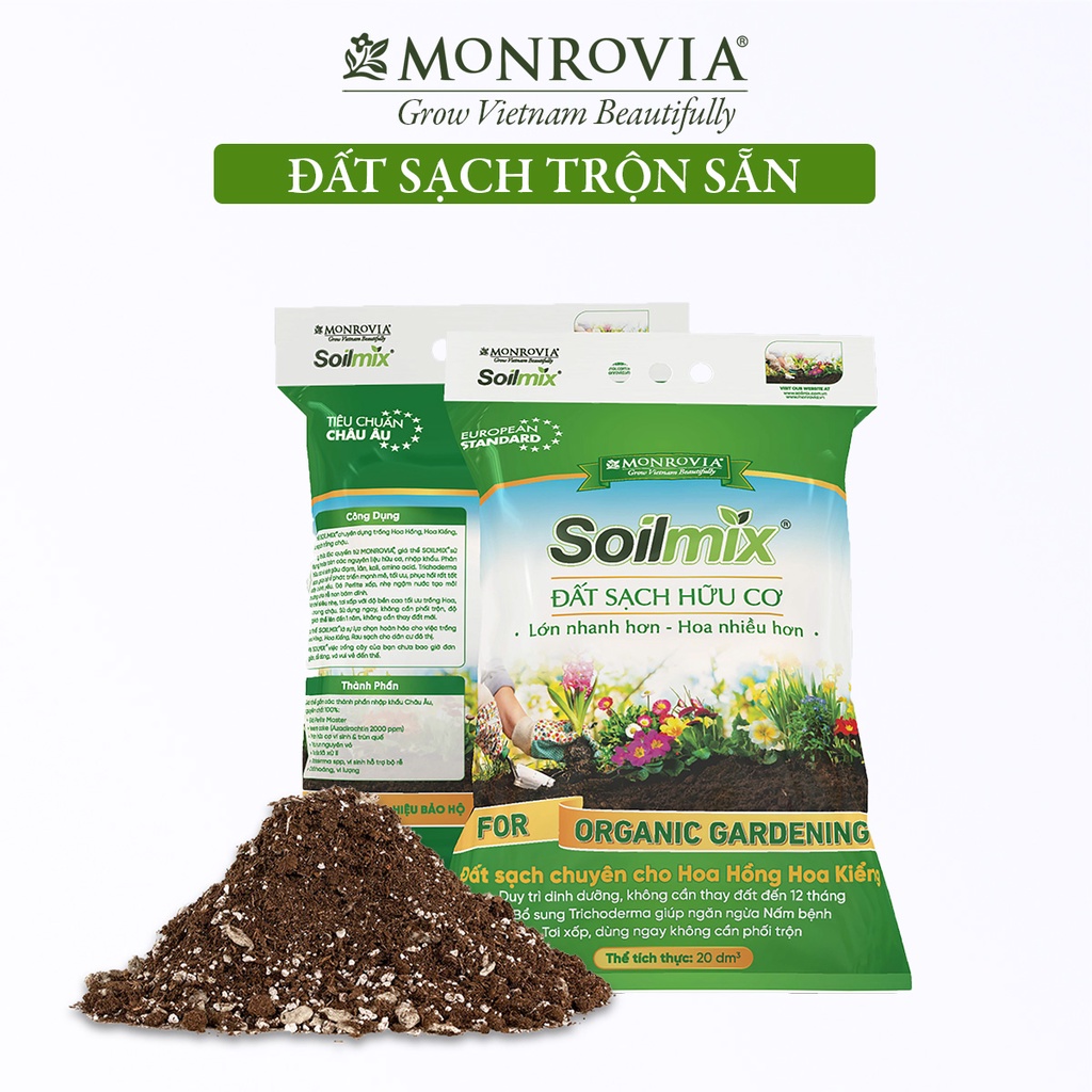 Đất trồng cây Soilmix MONROVIA cho kiểng lá, hoa hồng, sen đá, rau hữu cơ, bổ sung nấm đối kháng, đá perlite