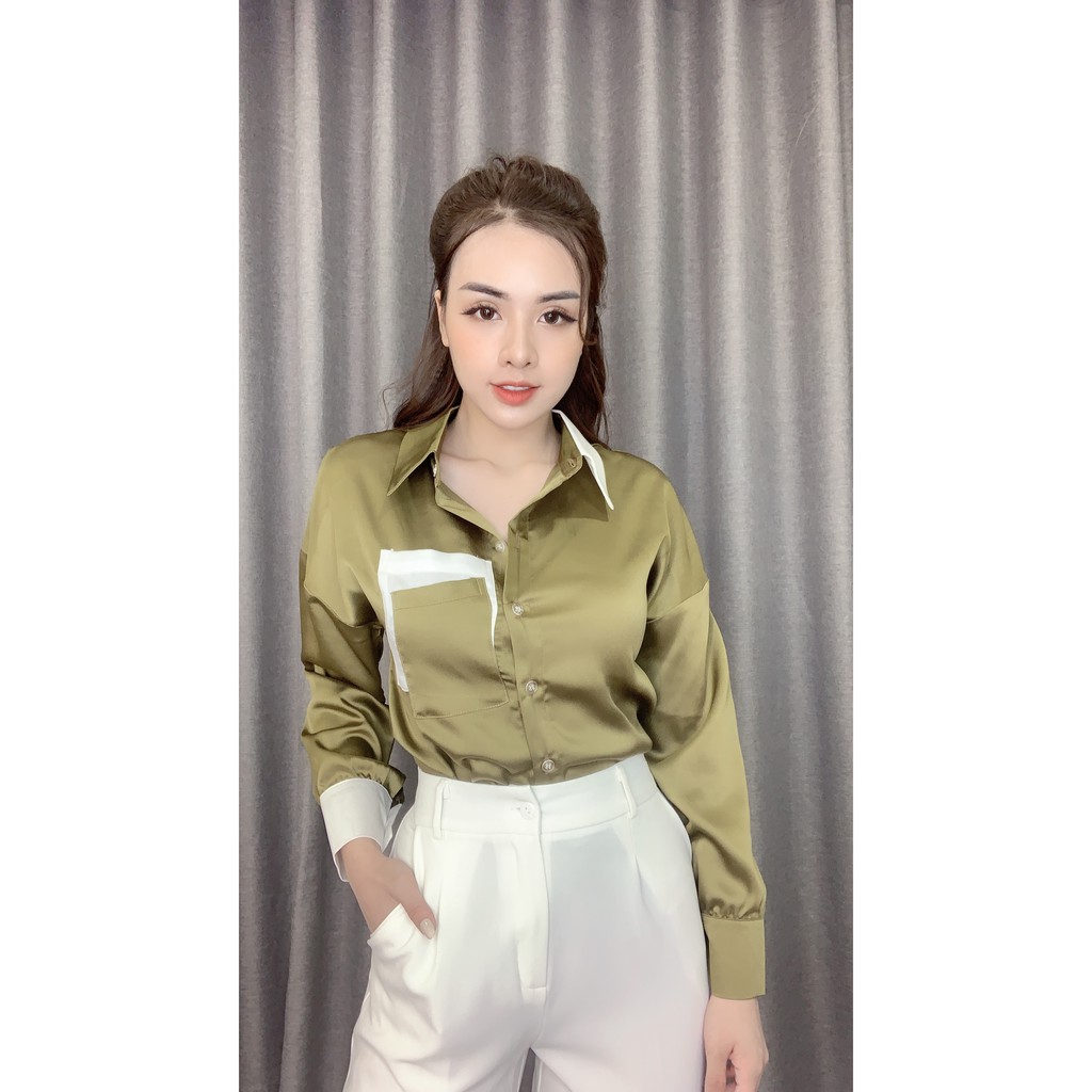 Áo sơ mi nữ dài tay LIIN CLOTHING đủ size, màu rêu phối cổ trắng sữa thanh lịch SM2808