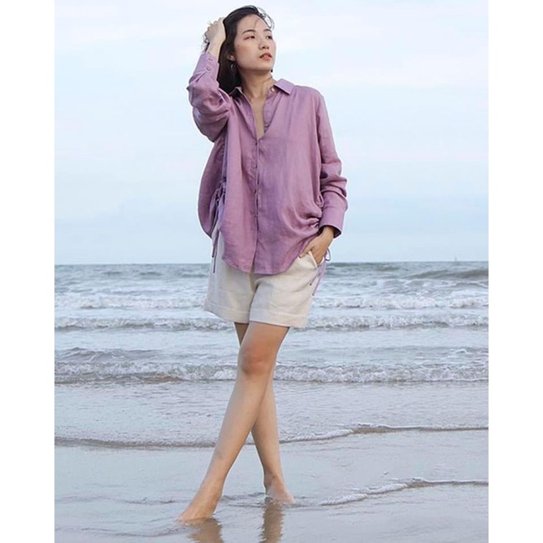 Áo sơ mi nữ Linen dài tay form rộng rút eo trẻ trung