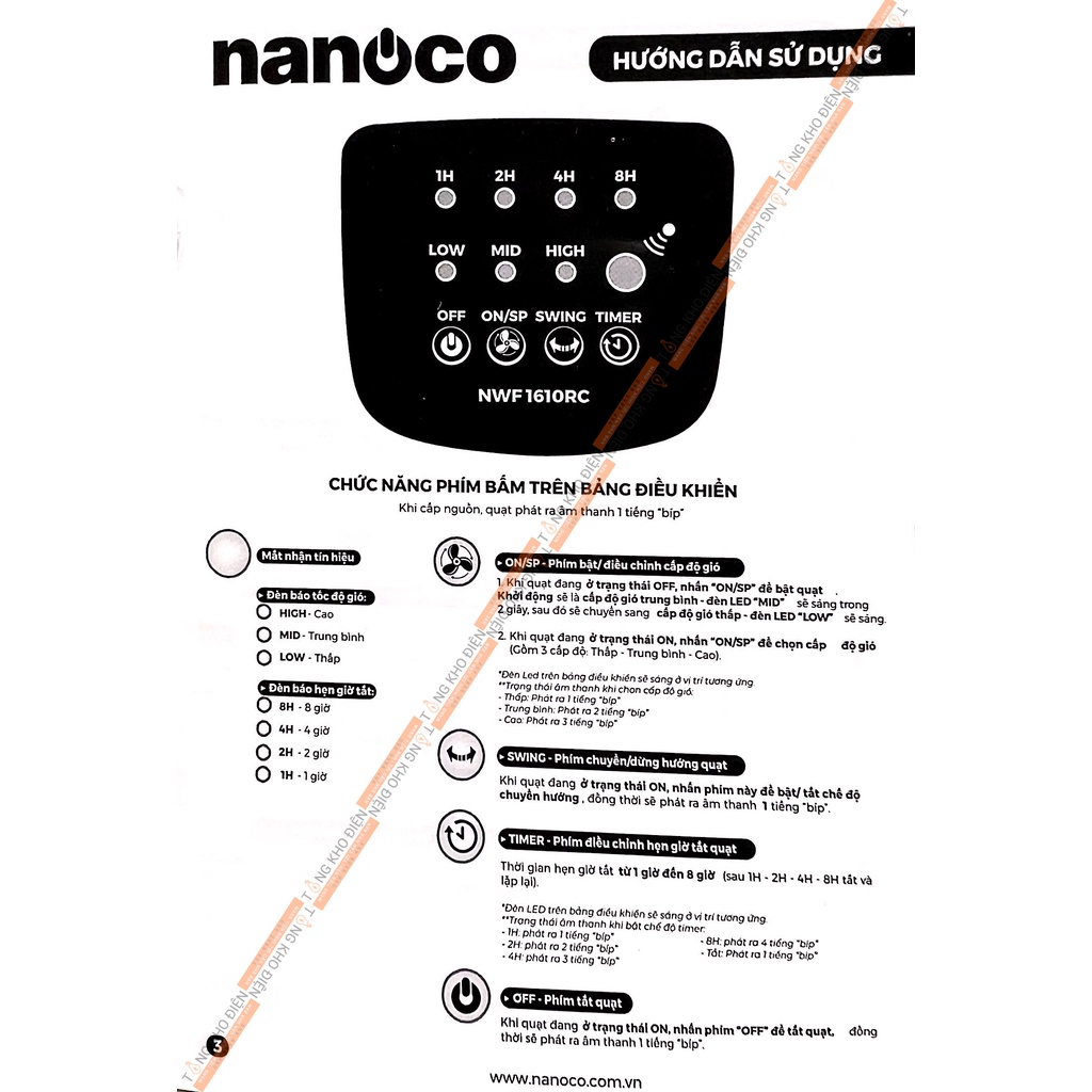 Quạt treo tường Nanoco NWF1610RC - Điều khiển từ xa [Chính Hãng]