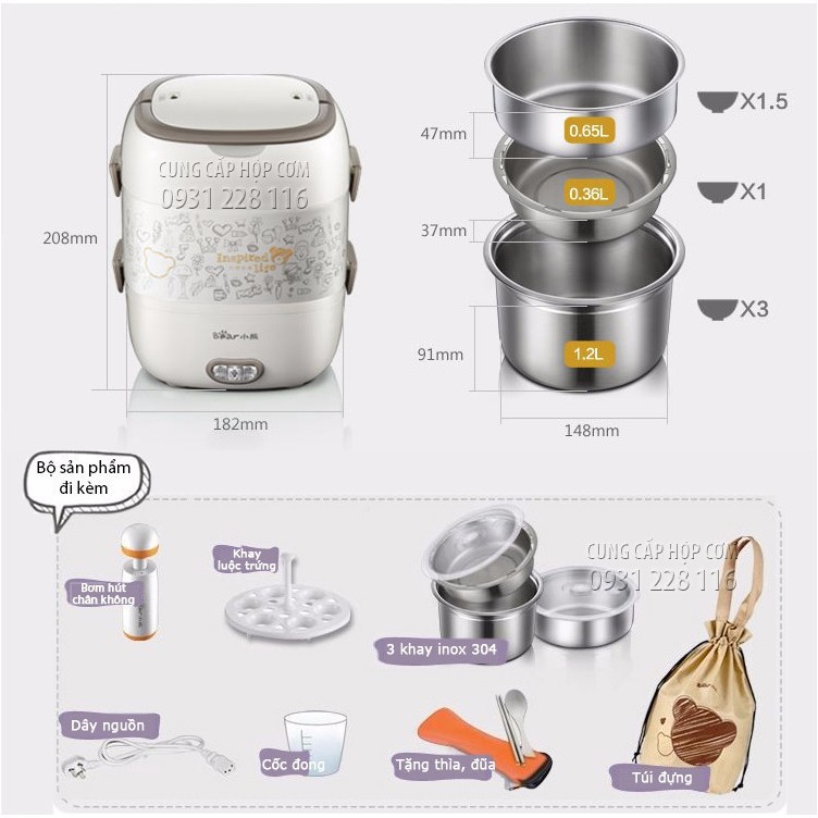 ❂Hộp Cơm Cắm Điện Hút Chân Không 3 Tầng Inox DFH-S2017 Dung Tích 2L - Hàng Chuẩn Hãng Bear