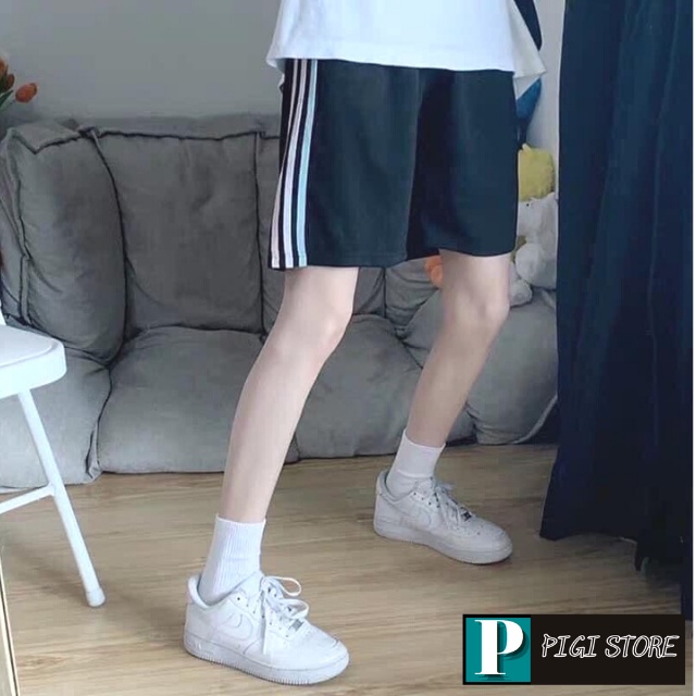 Quần Short Đùi 3 Sọc Unisex nam nữ ống rộng cạp chun 3 màu PIGISTORE Mã 16
