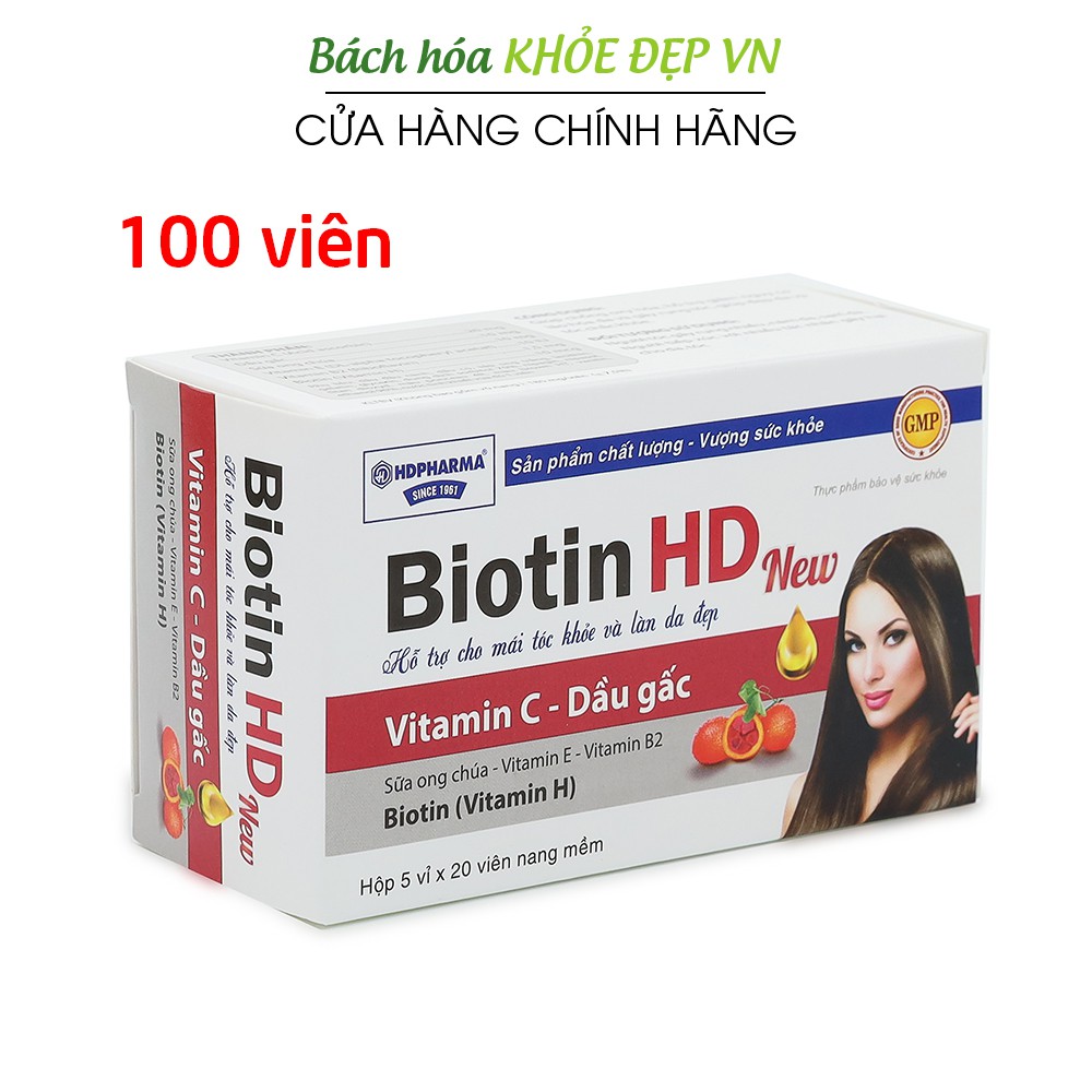 Viên uống Biotin, dầu gấc, sữa ong chúa cho mái tóc khỏe và làn da sáng - 100 viên [Biotin HD New Đỏ]