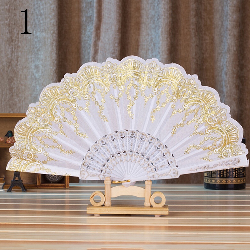 1 quạt xếp bằng vải với họa tiết hoa in và ren làm từ polyester theo 7 phong cách