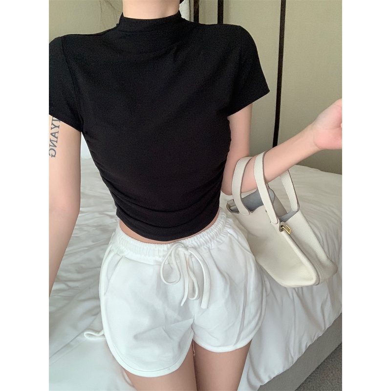 Áo Thun Lửng Cổ Cao Dáng Ôm Phong Cách Hàn Quốc Thời Trang Cho Nữ