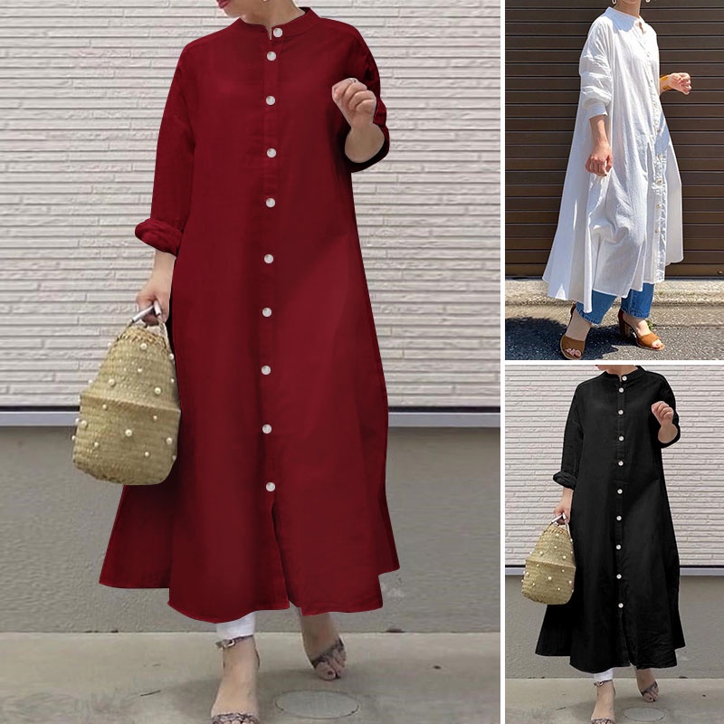 Đầm maxi ZANZEA cổ tròn dài tay gài nút thiết kế dáng rộng đơn giản thanh lịch cổ điển cho nữ