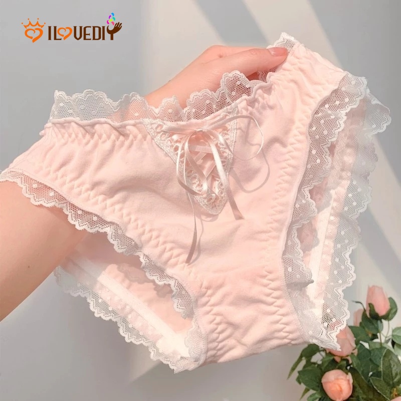 Quần Lót Cotton Lưng Vừa Màu Xanh Dương Phối Ren Phong Cách Lolita Dễ Thương Cho Nữ